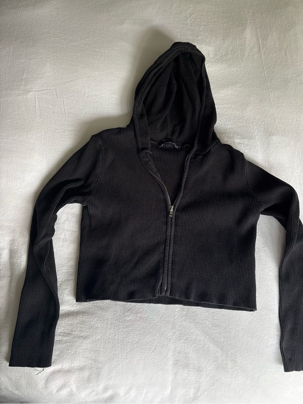 Brandy Melville Black Ribbed Cropped Zip Hoodie